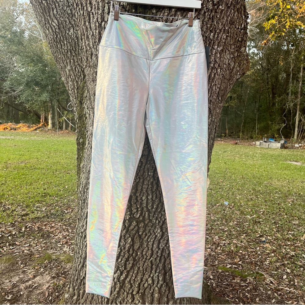 NORMA KAMALI HOLOGRAPHIC LARGE LEGGINGS CLUB PARTY RAVE DANCE MARDI GRAS